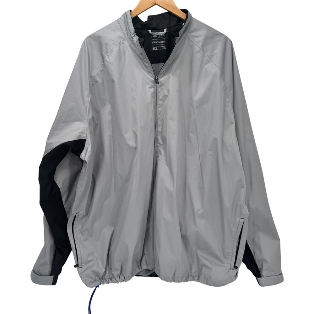 adidas Windbreaker Mens 2XL Gray ClimaStorm Full‎ Zip Cinch Waist Pockets Jacket